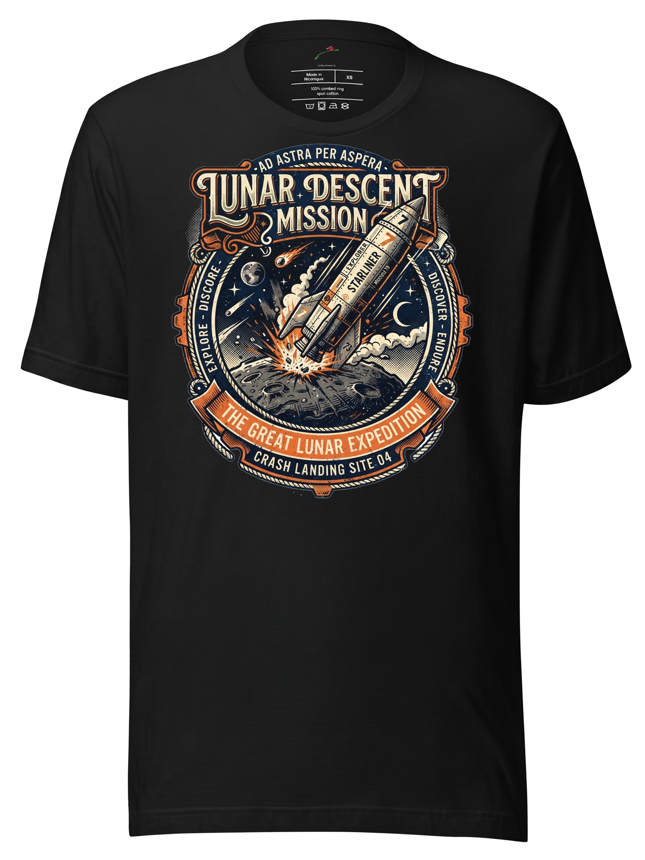 Black graphic tees t shirt featuring a retro lunar descent mission design