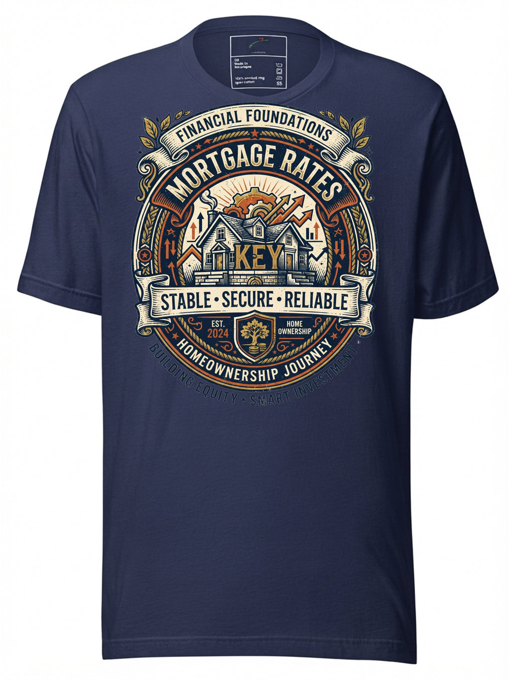 Navy LuckeLadybug graphic tees t shirt featuring mortgage rates and homeownership journey design