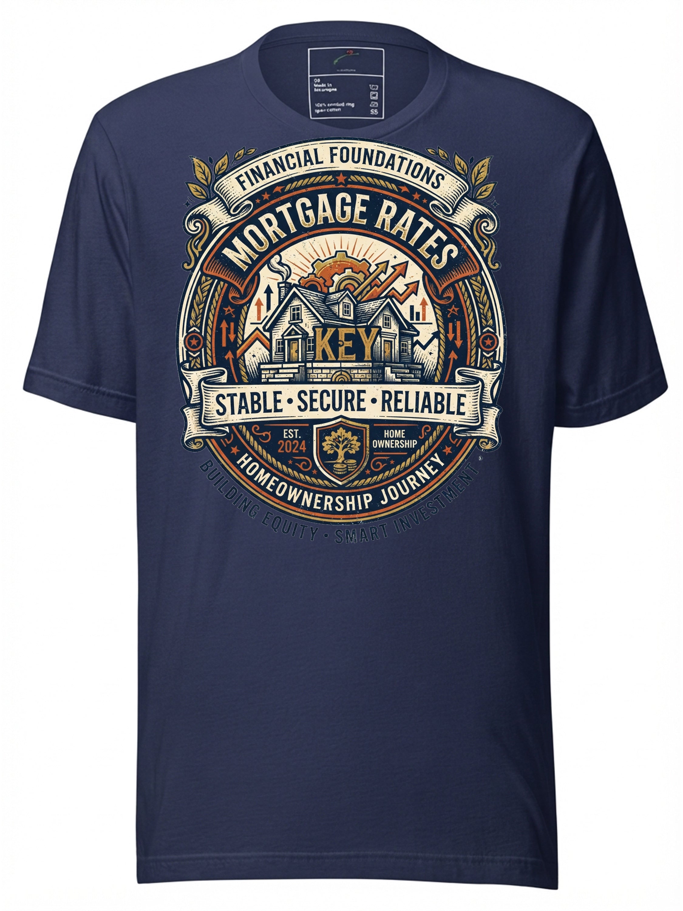 Navy LuckeLadybug graphic tees t shirt featuring mortgage rates and homeownership journey design