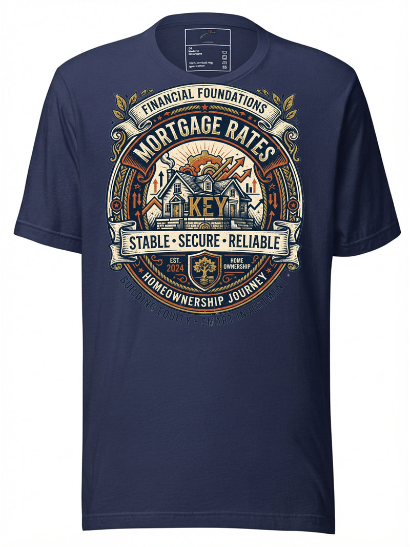 Navy LuckeLadybug graphic tees t shirt featuring mortgage rates and homeownership journey design