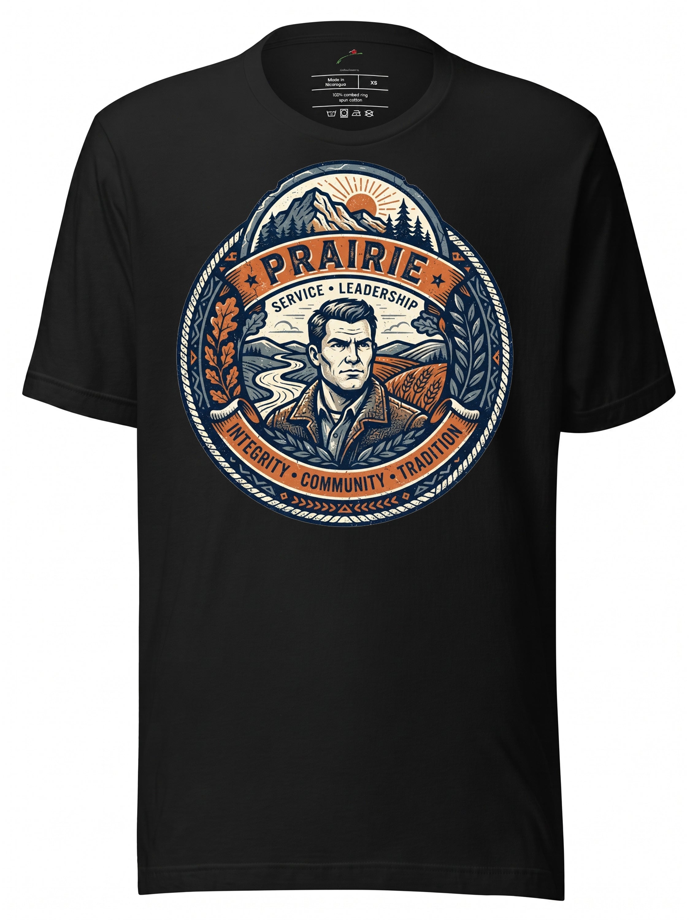 Black graphic tees t shirt featuring a vintage prairie service leadership design