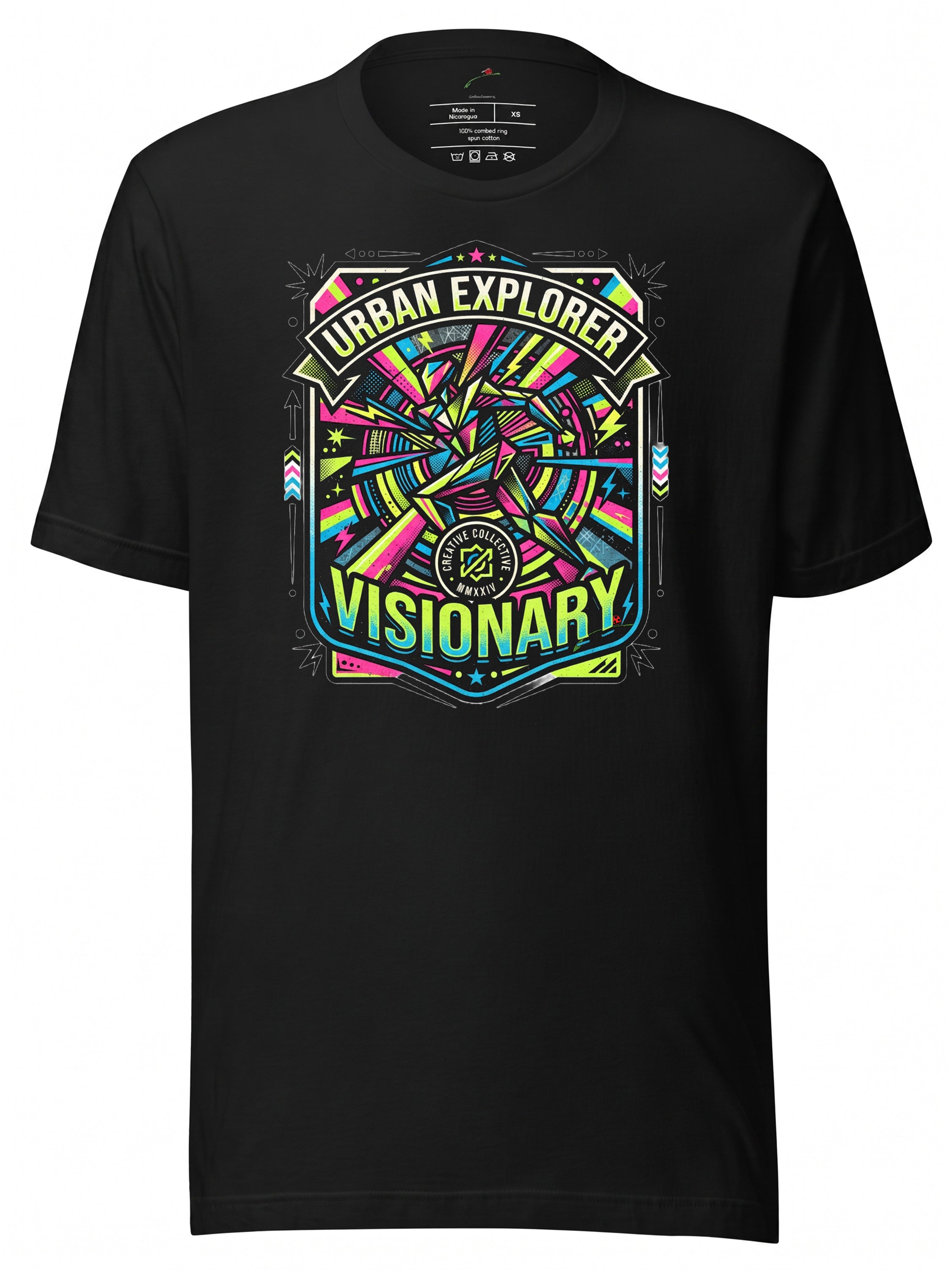LuckeLadybug Urban Explorer Visionary Black Graphic Tee T-Shirt with Colorful Design