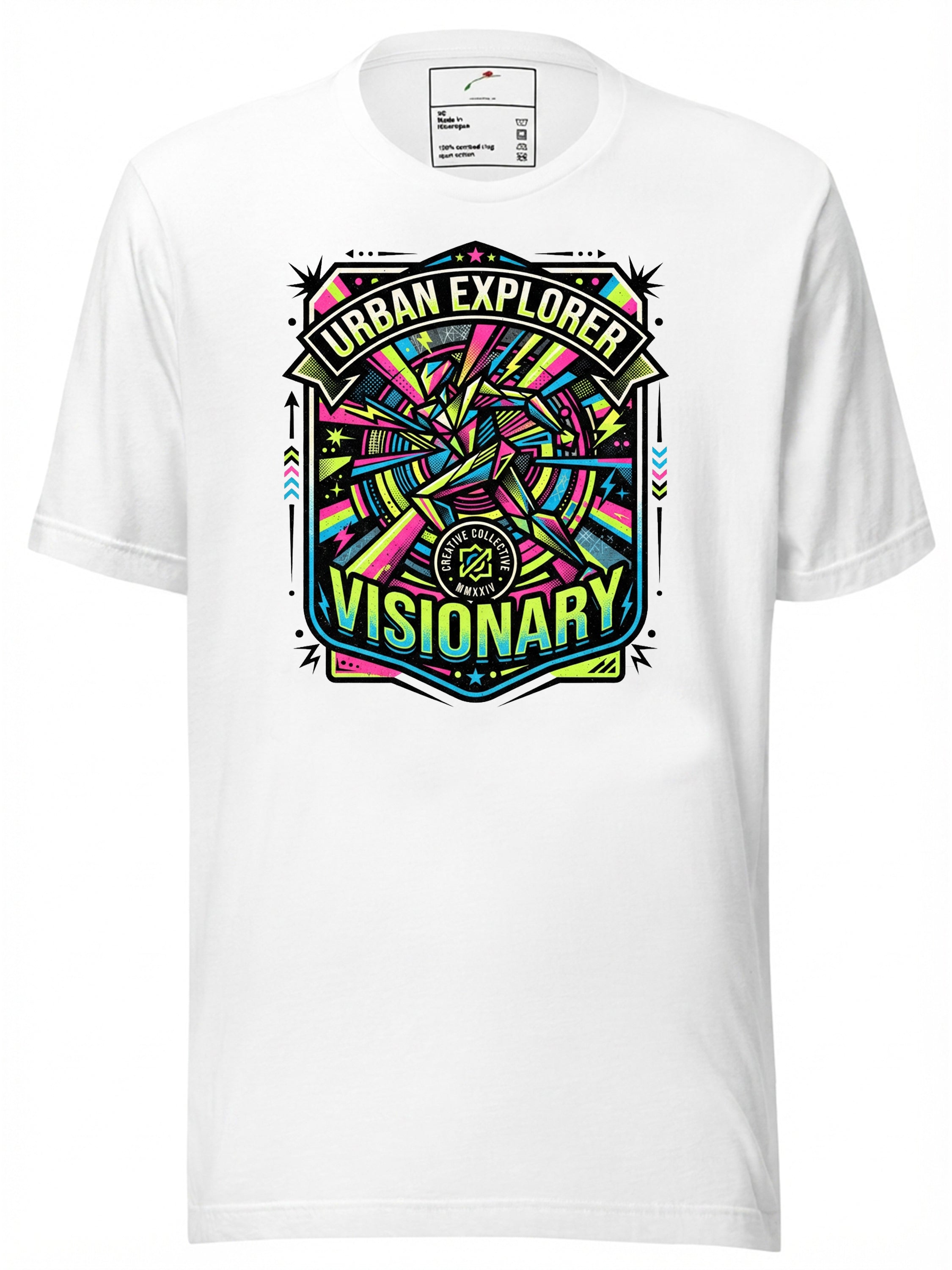 White graphic tees t shirt featuring Urban Explorer Visionary design with colorful patterns