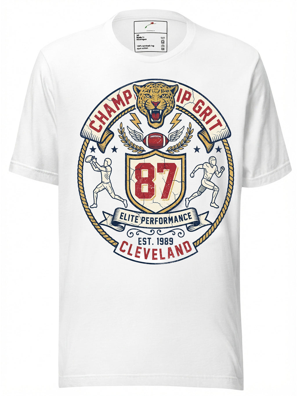 White graphic tees t shirt featuring a vintage sports design with a lion and number 87