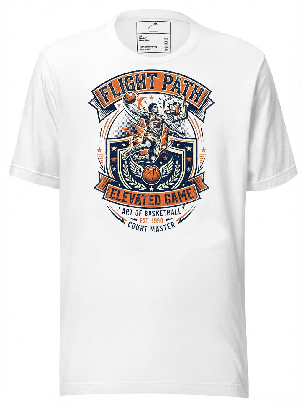White graphic tees t shirt featuring a colorful basketball art design with a flying player