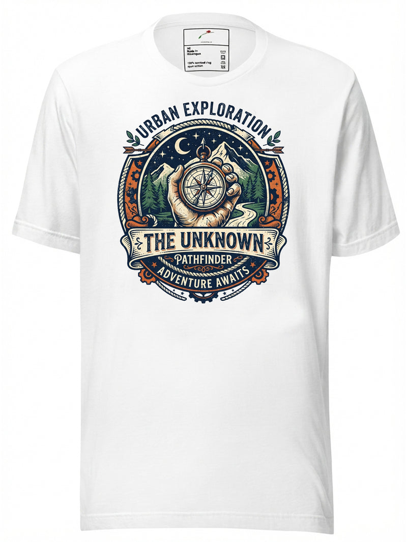 LuckeLadybug graphic tees t shirt featuring a compass design for urban exploration enthusiasts
