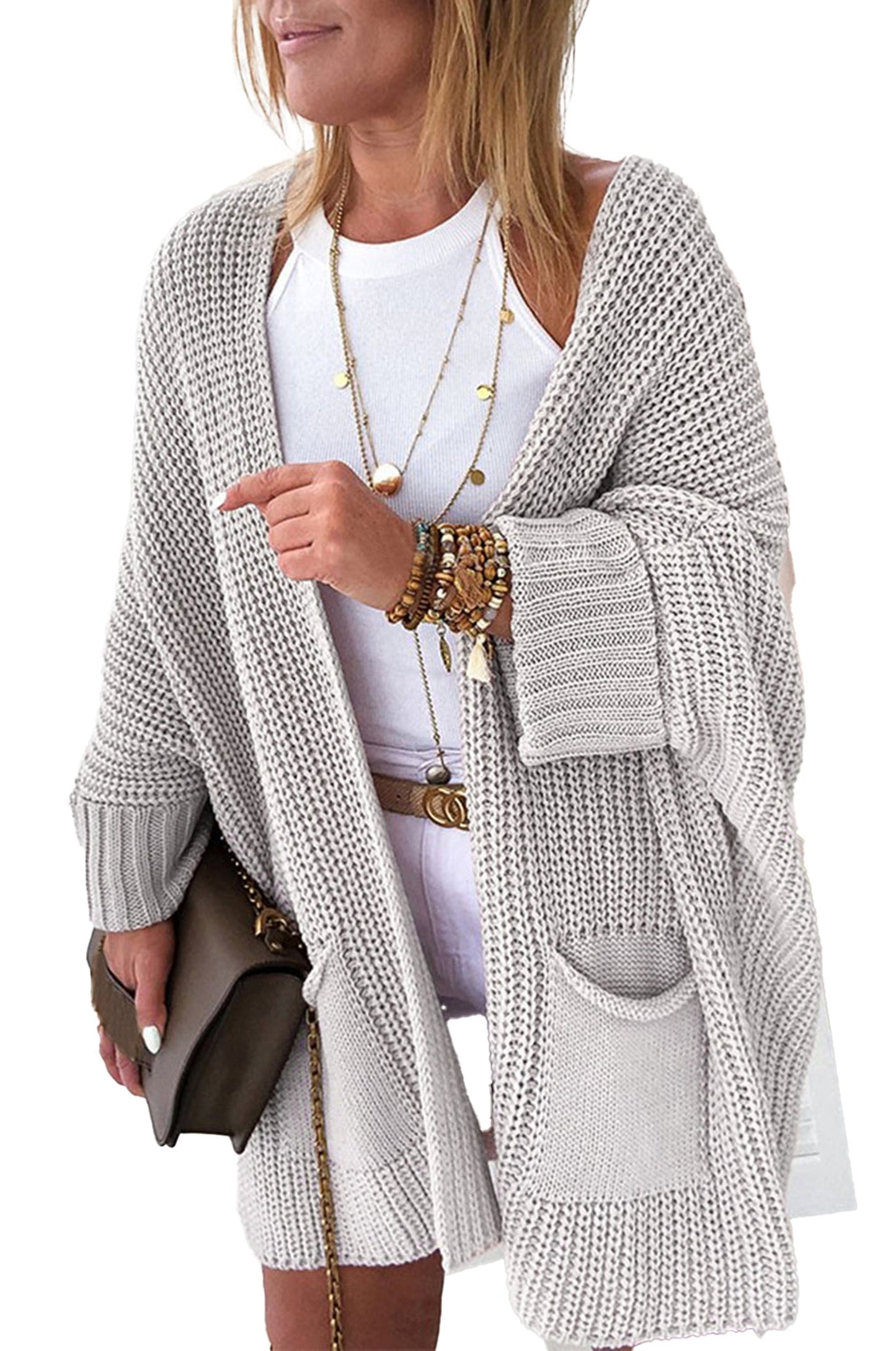 Gray oversized cardigan for women featuring a loose fit and front pockets for casual style
