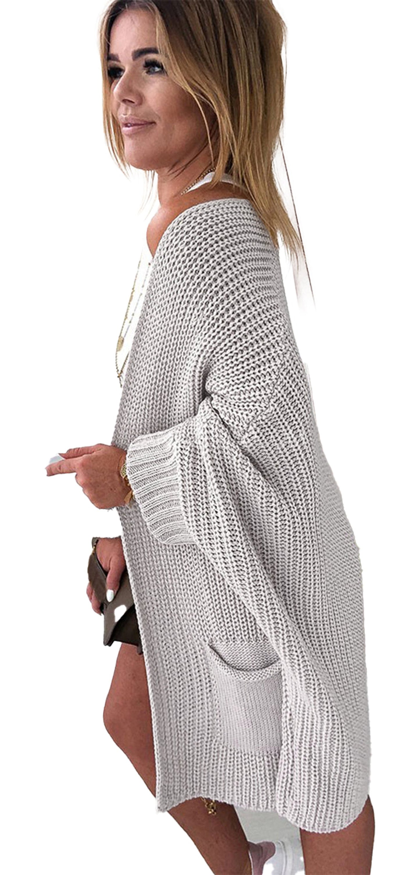 Stylish gray oversized cardigan for women featuring a relaxed fit and convenient pockets