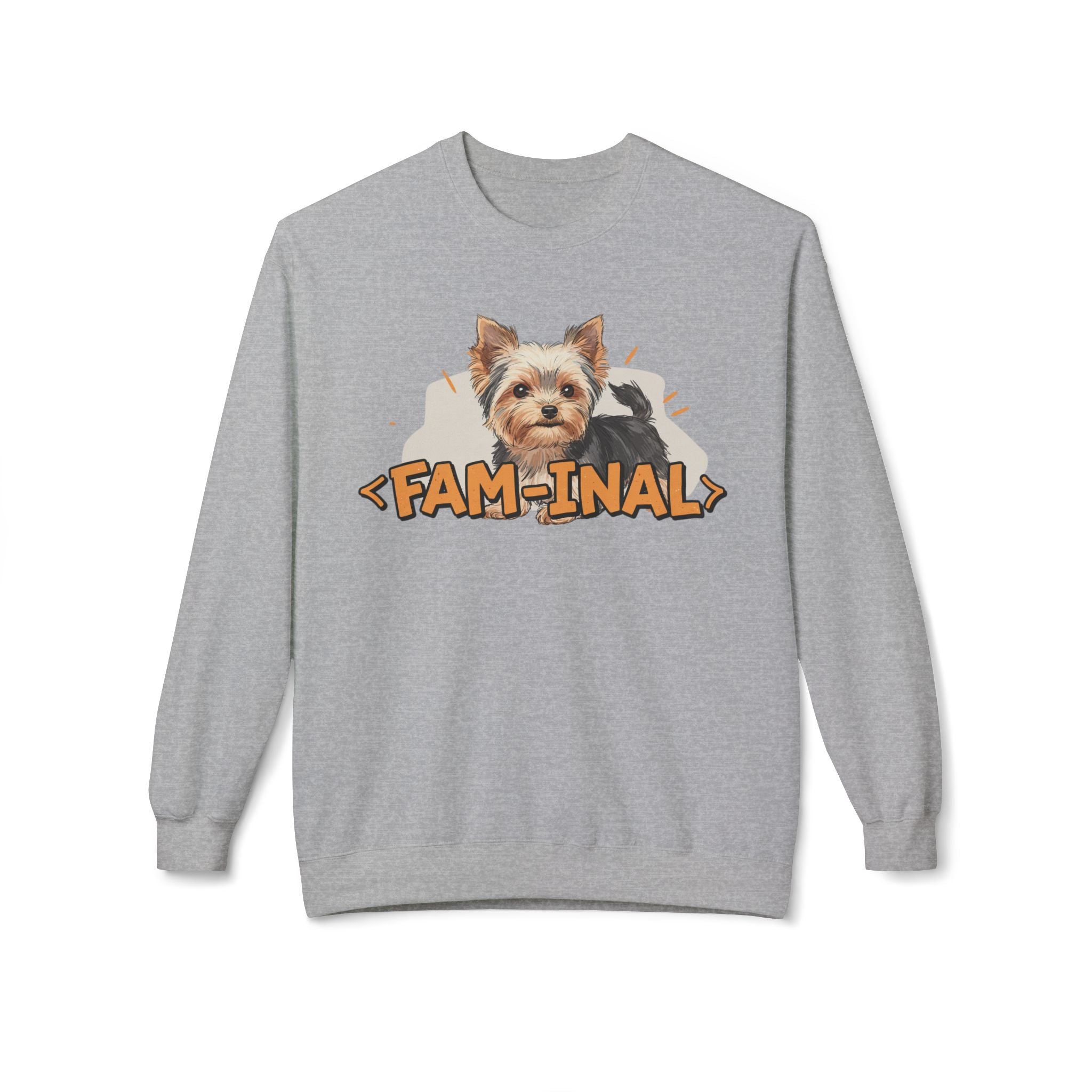 Grey Yorkie dog lover sweatshirt with cute Yorkie graphic and fam-inal text by LuckeLadybug