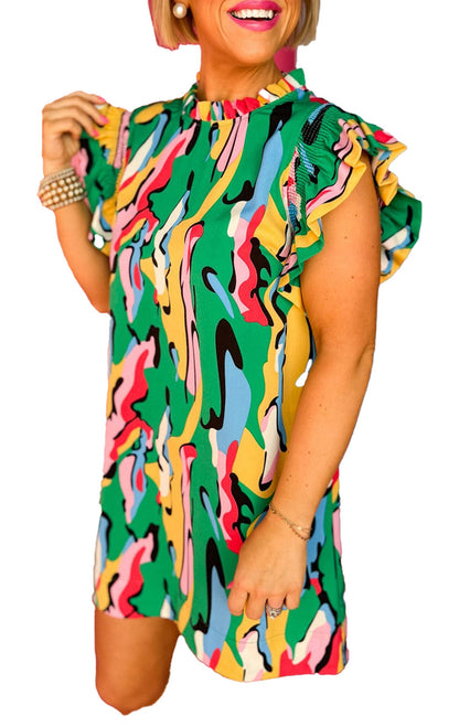 Colorful green abstract mini dress by LuckeLadybug with ruffled sleeves and playful pattern