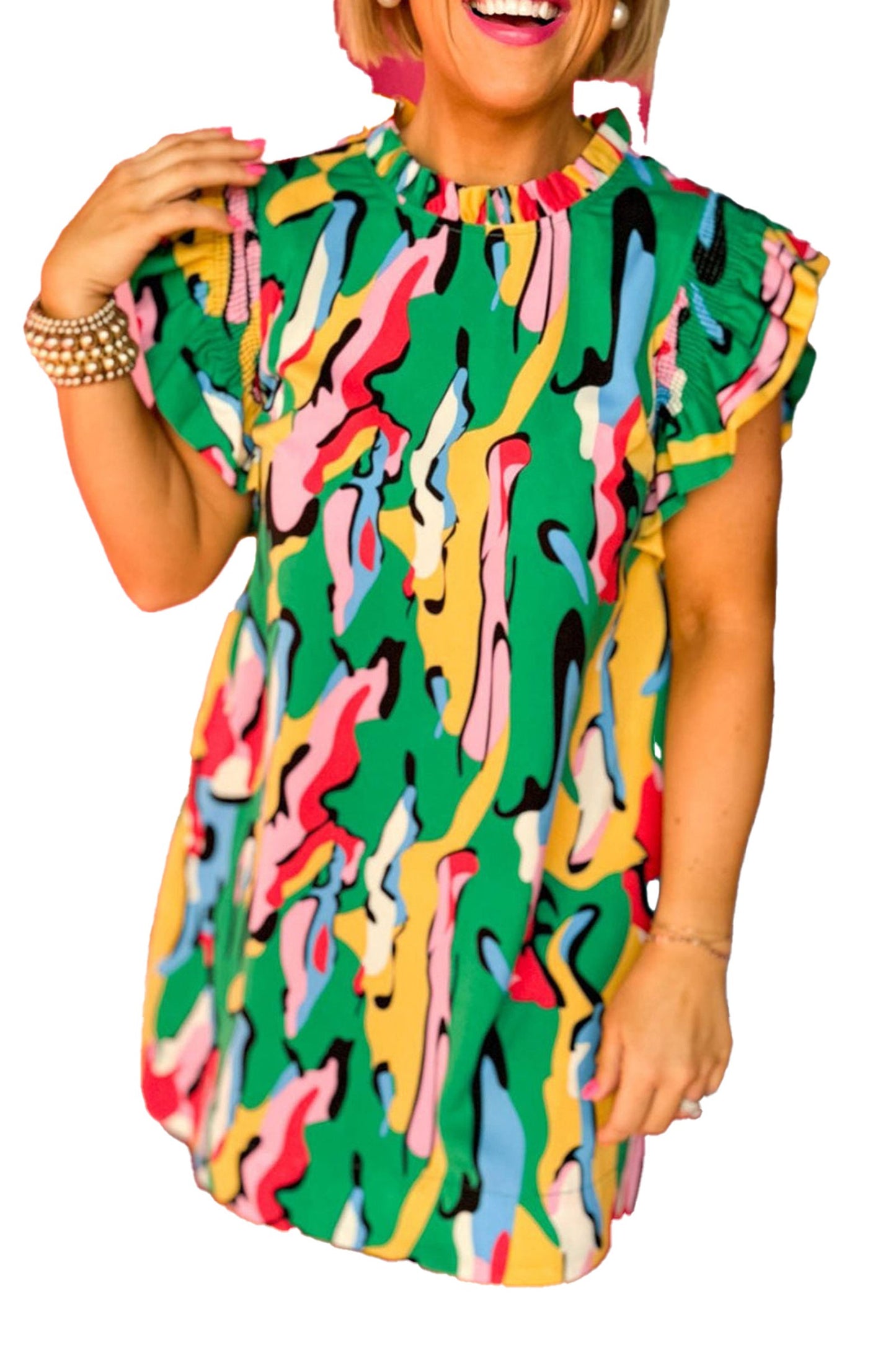 LuckyLadybug green abstract mini dress with colorful patterns and ruffled sleeves
