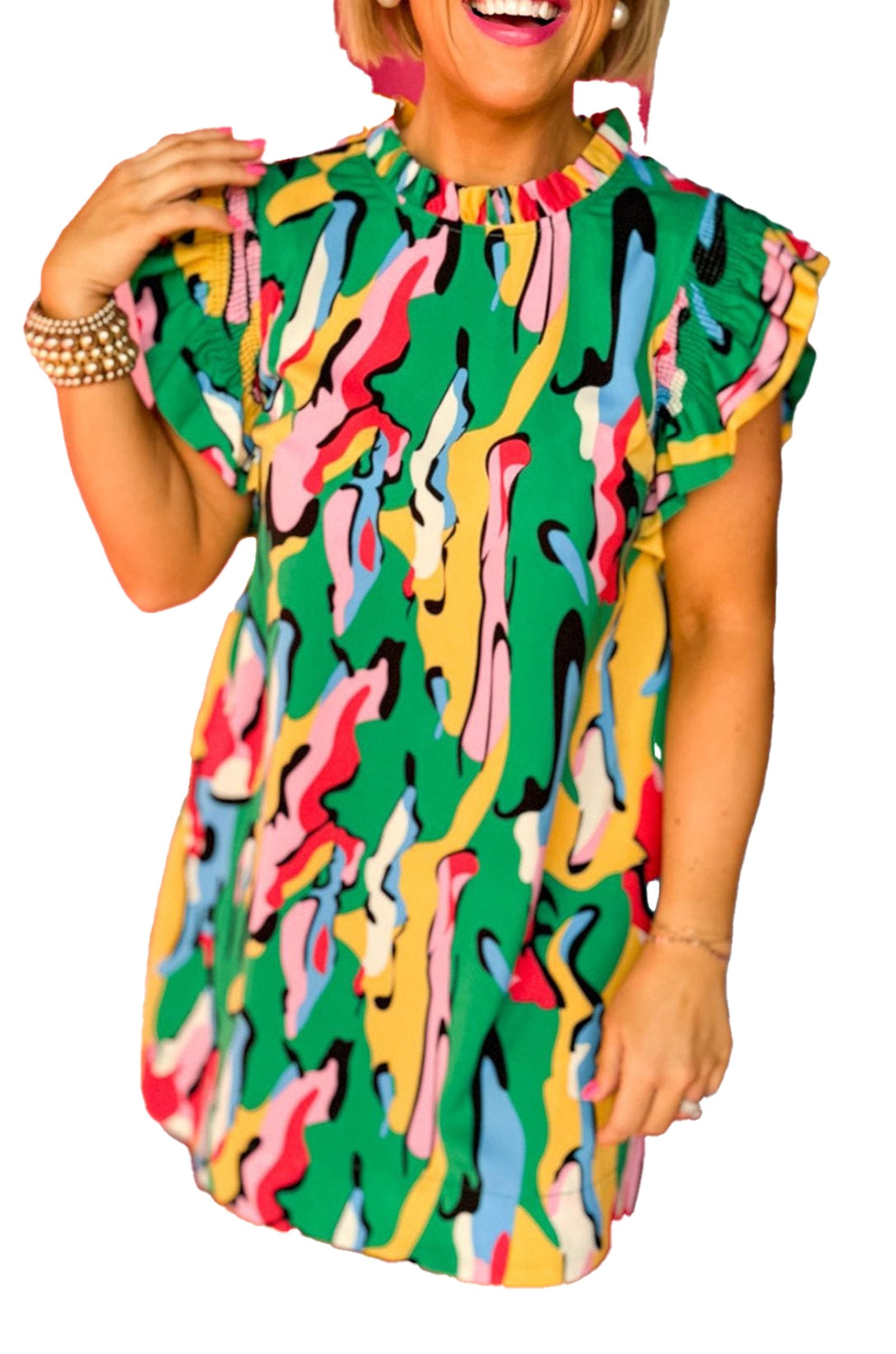 LuckyLadybug green abstract mini dress with colorful patterns and ruffled sleeves