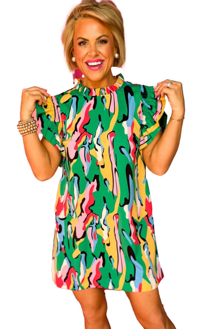 LuckeLadybug green abstract mini dress with vibrant colors and ruffled sleeves for a fun look