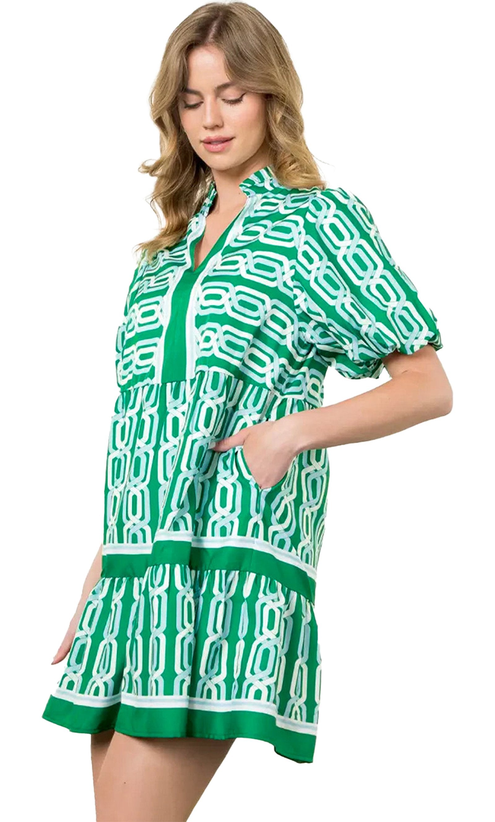 LuckeLadybug Green Abstract Mini Dress with Patterned Design and Side Pockets