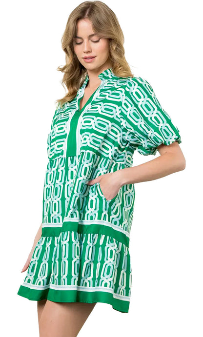 LuckeLadybug Green Abstract Mini Dress with Patterned Design and Side Pockets