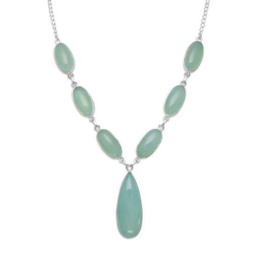 LuckeLadybug LLC green chalcedony necklace with oval and teardrop gemstones on a silver chain