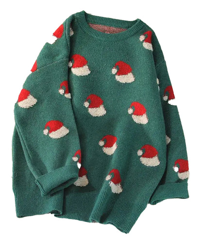Cozy green Christmas sweater for women with festive Santa hat patterns