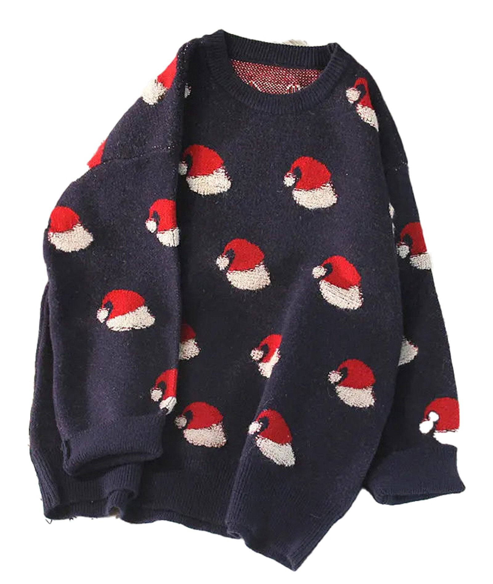 Cozy navy sweater with Christmas Santa hats, perfect as a green Christmas sweater for women