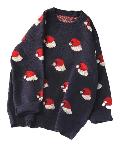 Cozy navy sweater with Christmas Santa hats, perfect as a green Christmas sweater for women