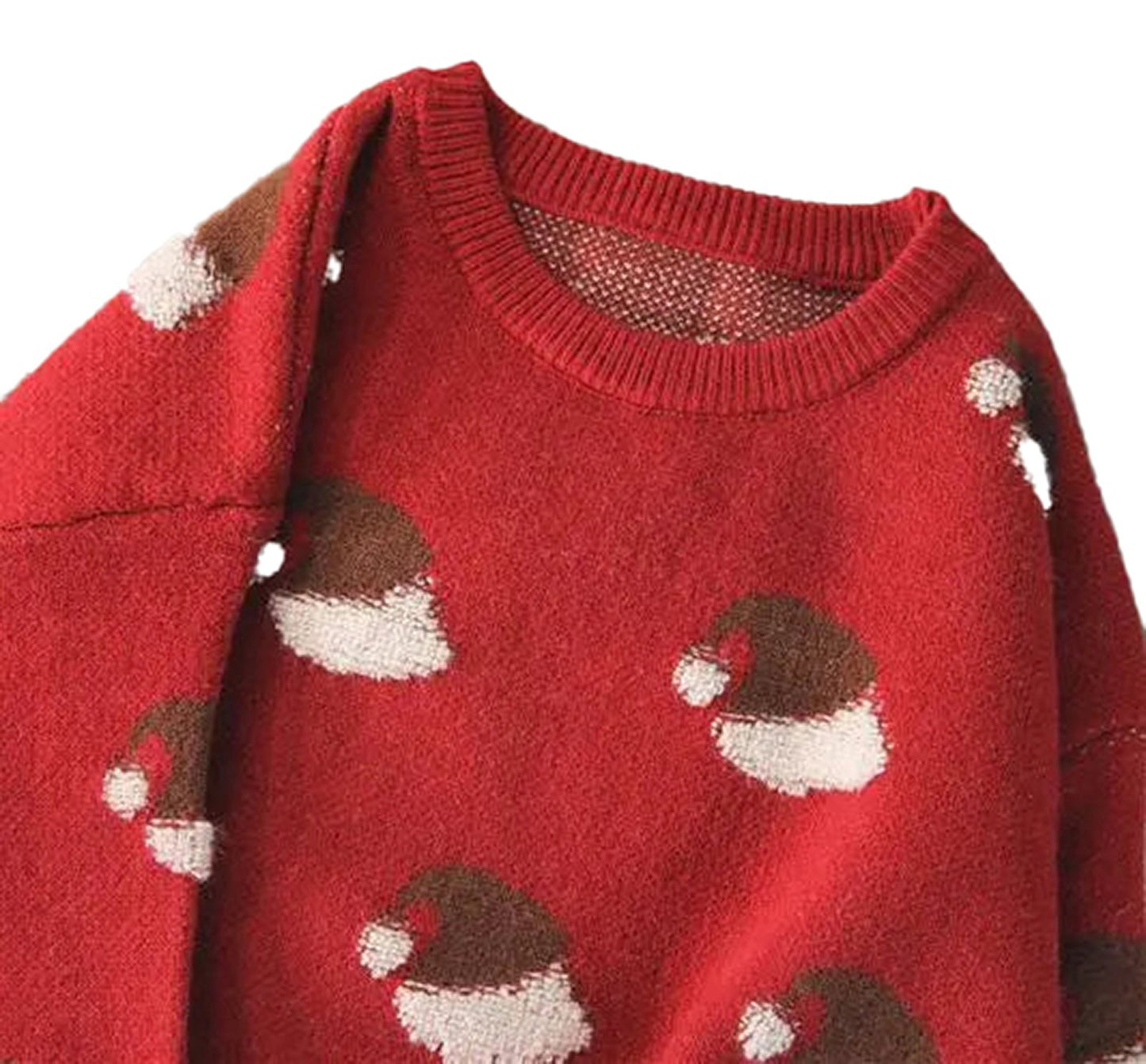 Cozy red Christmas sweater featuring Santa motifs, perfect as a green Christmas sweater for women.