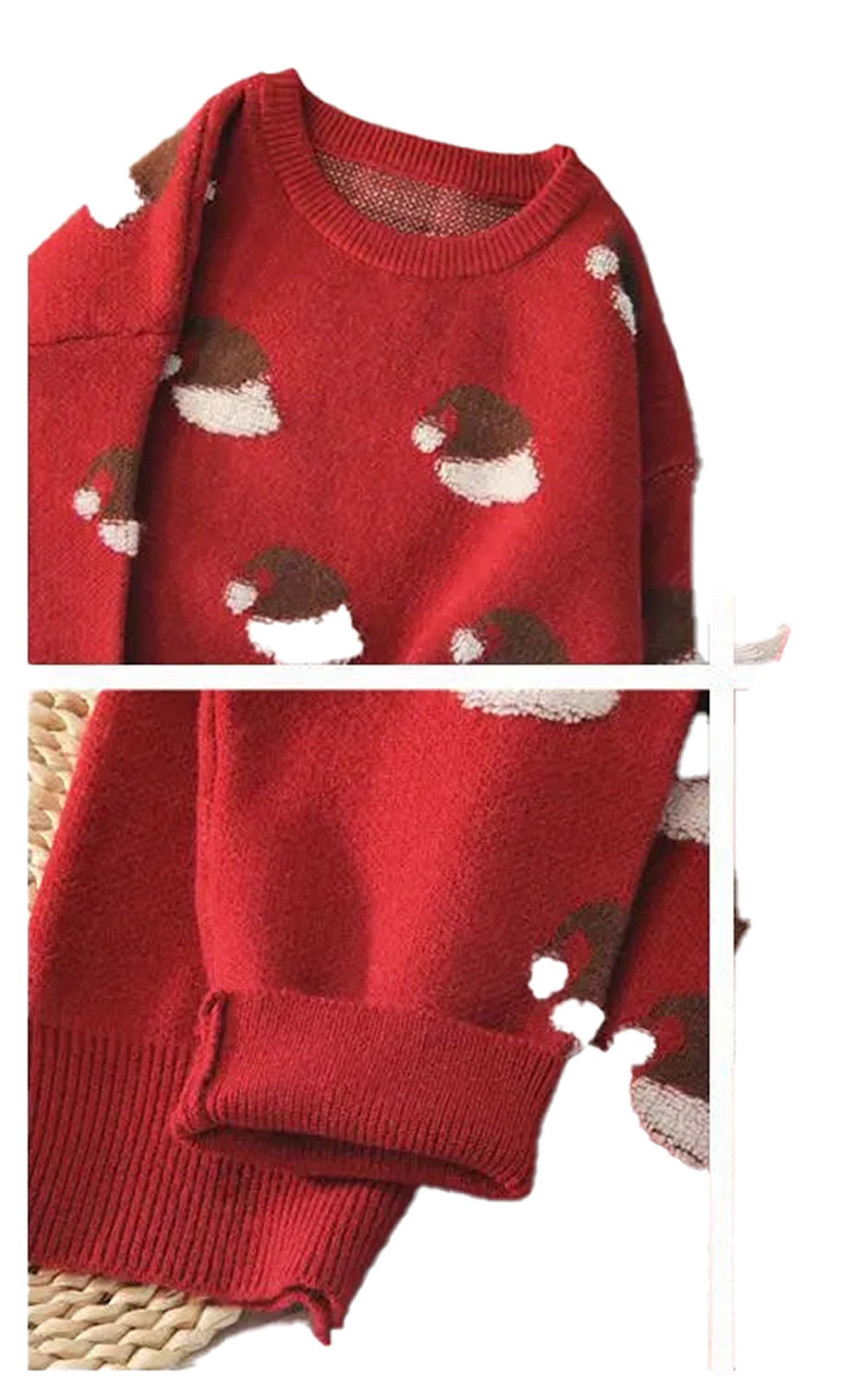 Cozy red sweater featuring Santa hats, perfect as a green Christmas sweater for women