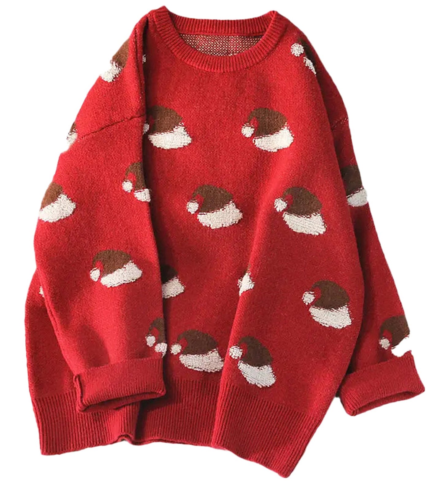 Cozy red sweater with Santa hat patterns, perfect as a green Christmas sweater for women