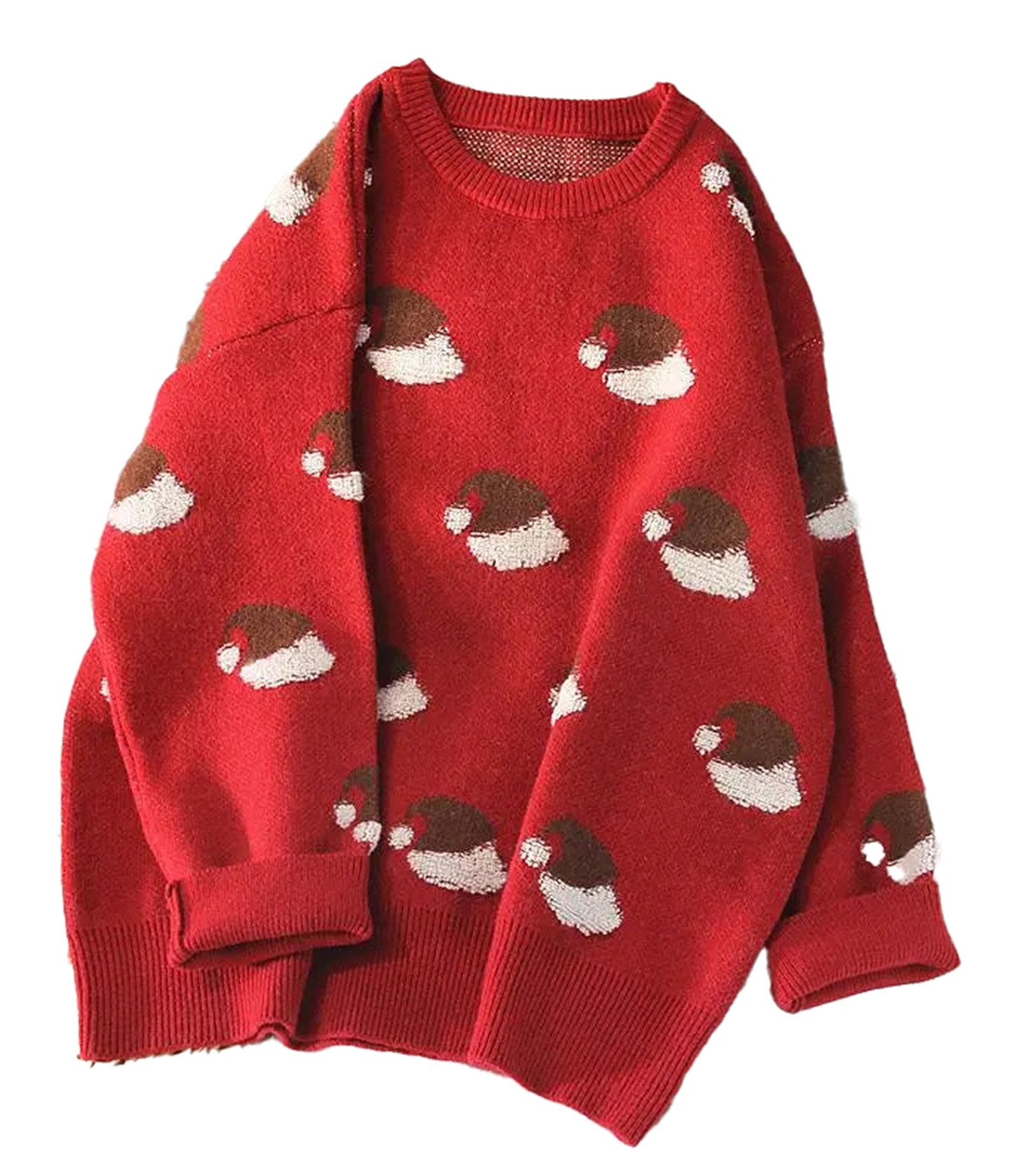 Cozy red Christmas sweater with brown and white Santa hats, ideal green Christmas sweater for women