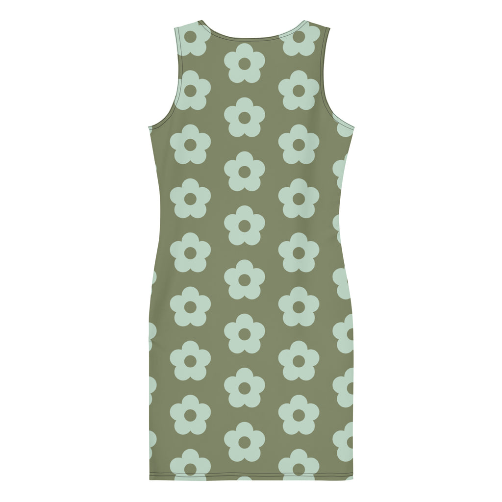 LuckeLadybug green fitted summer dress with a floral pattern on a light green background