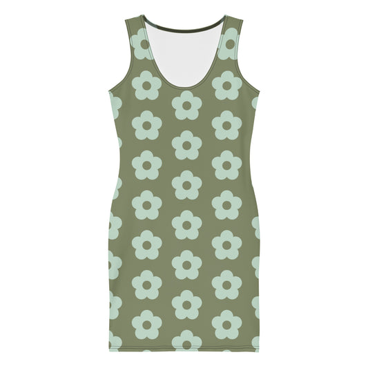 Green fitted summer dress by LuckeLadybug with sleeveless bodycon style and large light blue flower pattern