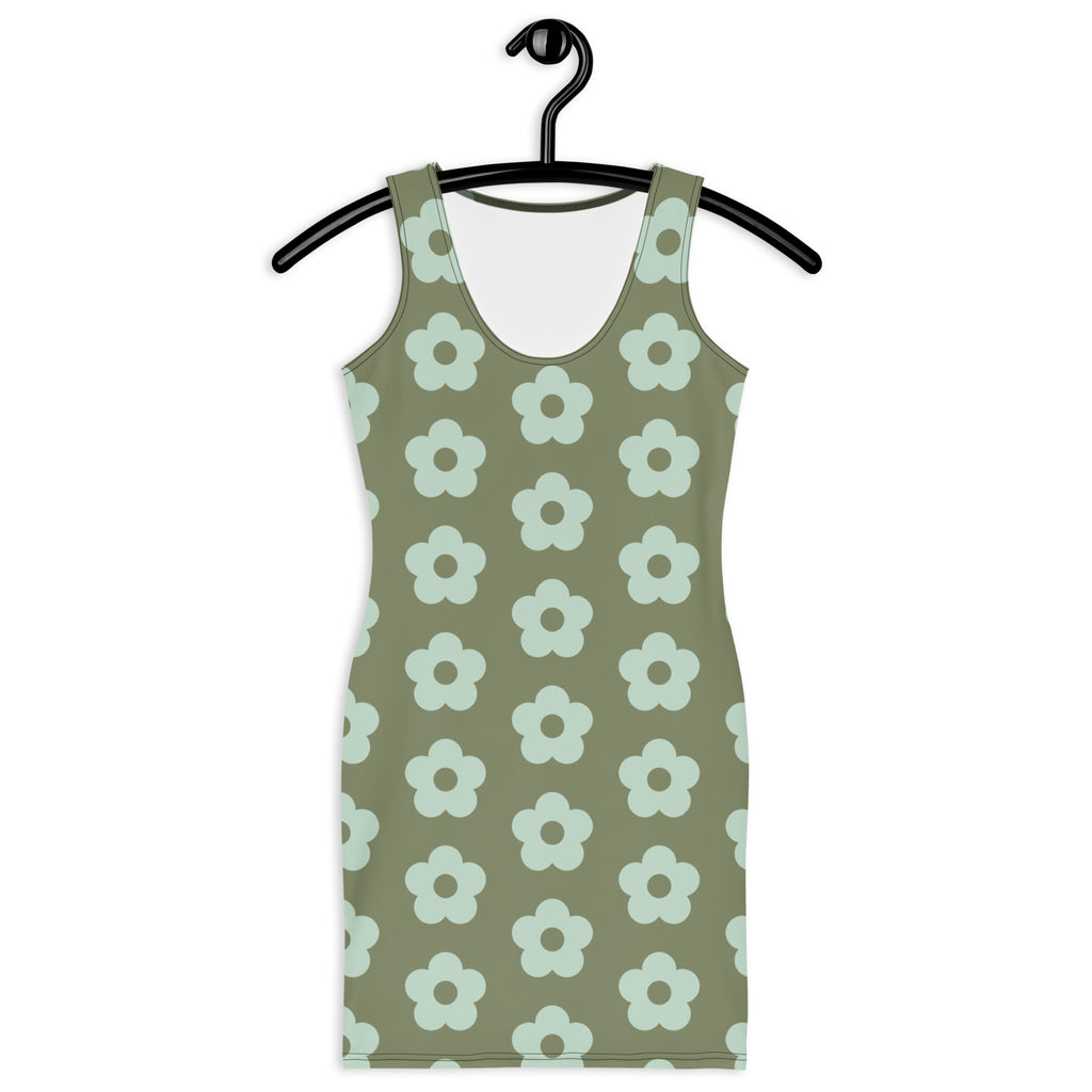 LuckeLadybug green fitted summer dress featuring a floral pattern on a light green background