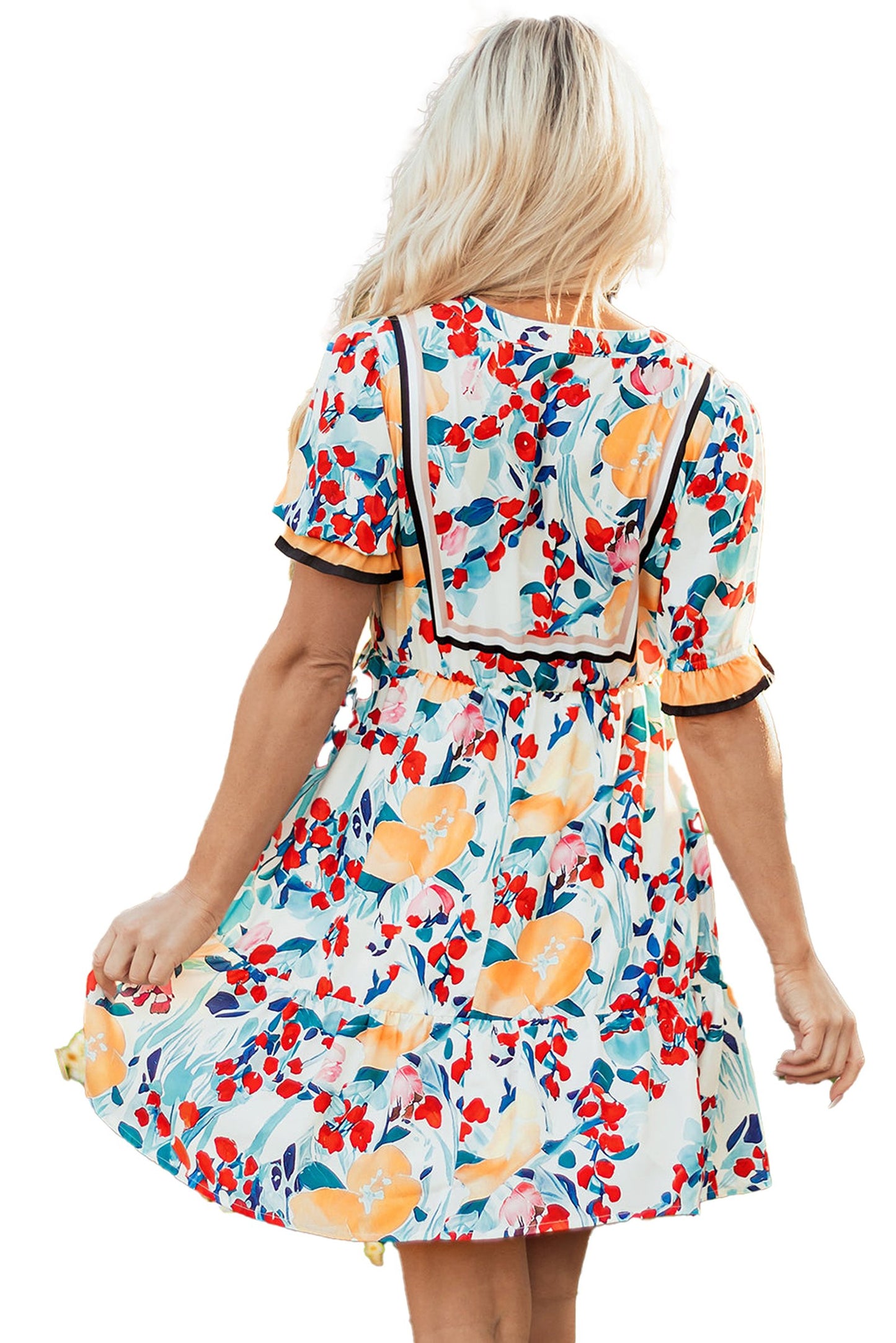 LuckeLadybug green floral mini dress featuring vibrant flowers and a flowing skirt perfect for summer outings