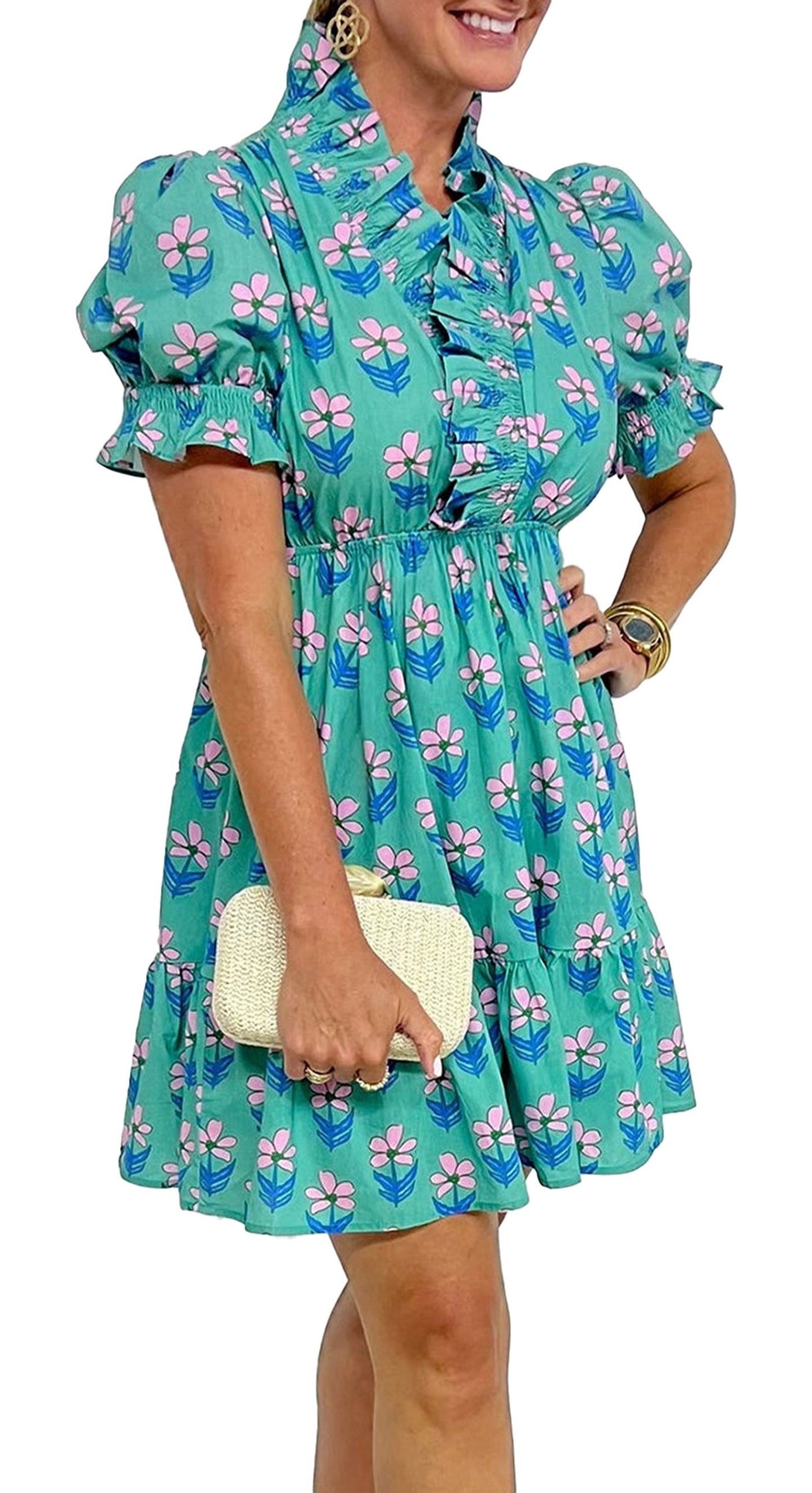 LuckeLadybug green floral print mini dress with puff sleeves and ruffled collar for a stylish look