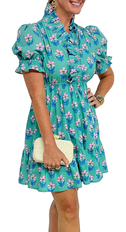 LuckeLadybug green floral print mini dress with puff sleeves and ruffled collar for a stylish look