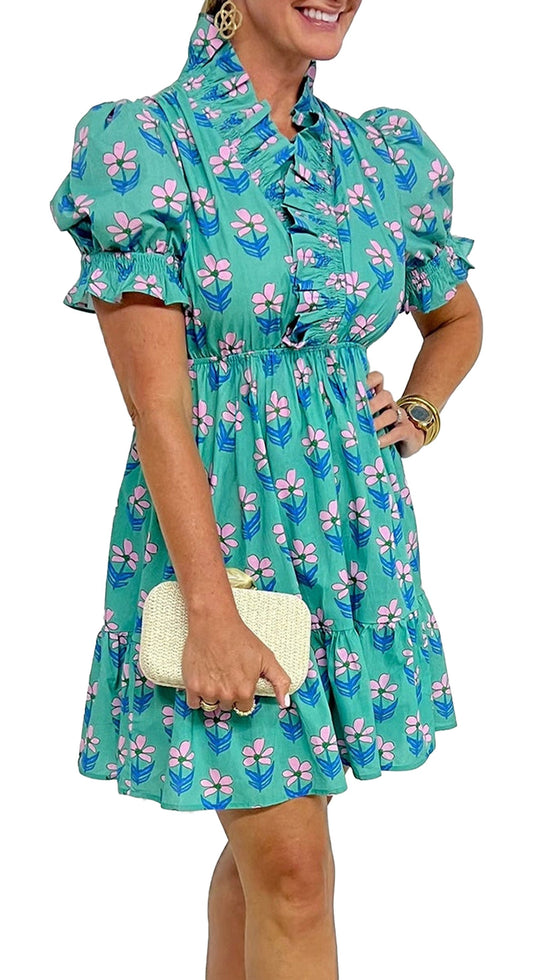 LuckeLadybug green floral print mini dress with puff sleeves and ruffled collar for a stylish look