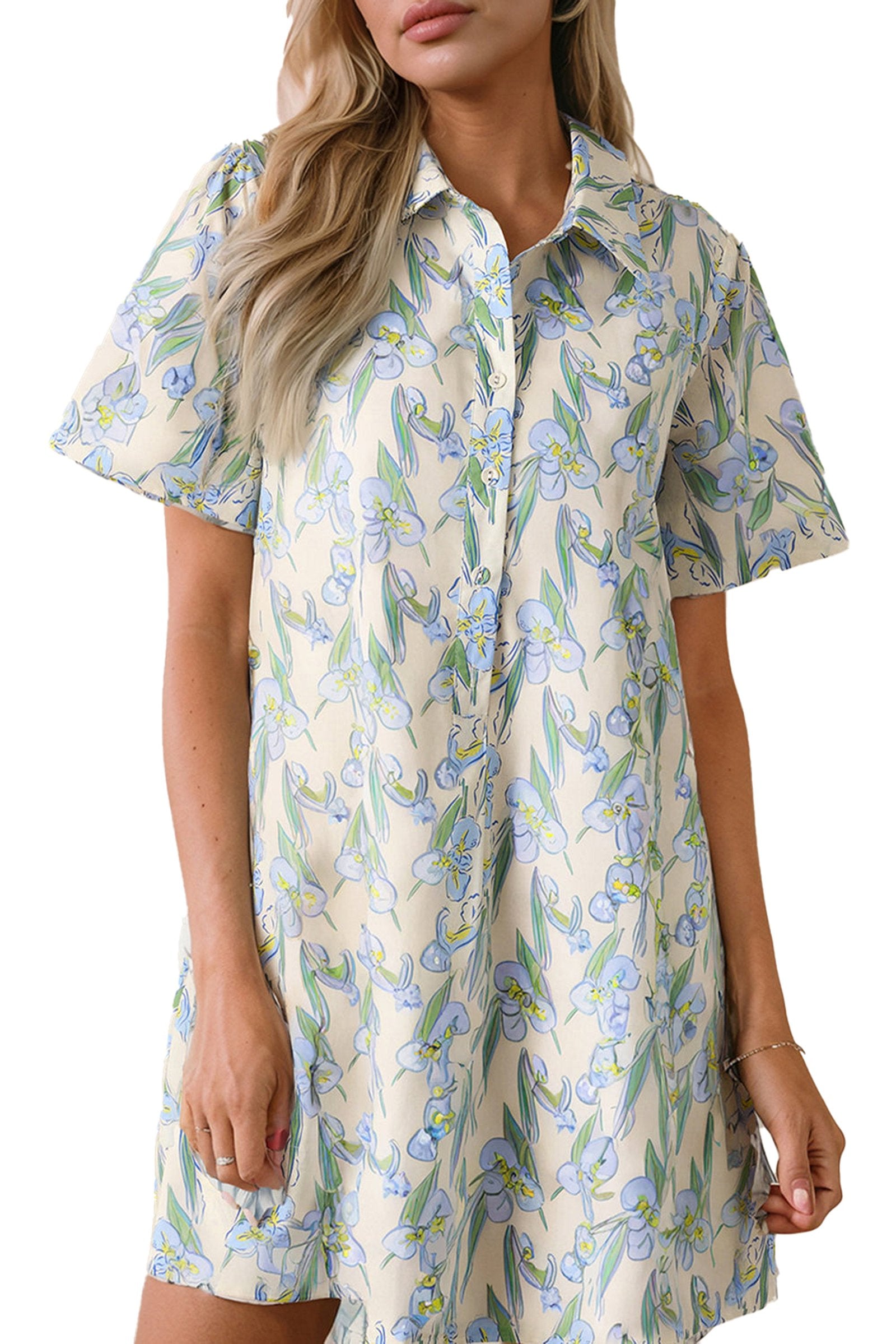 LuckeLadybug green floral shift dress with short sleeves and button-up front for a stylish summer look