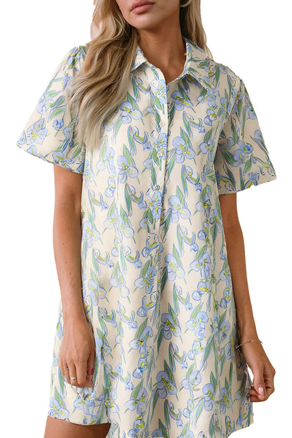 LuckeLadybug green floral shift dress with short sleeves and button-up front for a stylish summer look