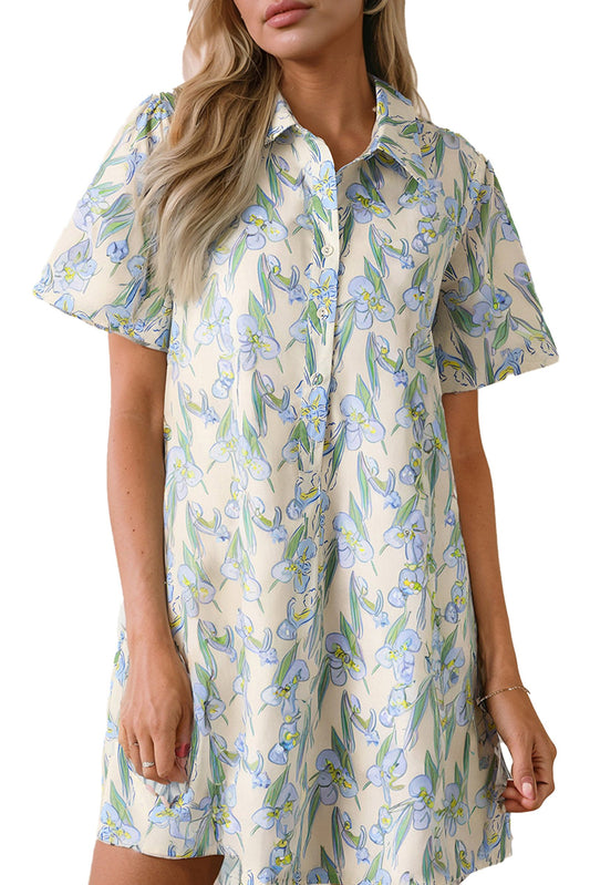 LuckeLadybug green floral shift dress with short sleeves and button-up front for a stylish summer look