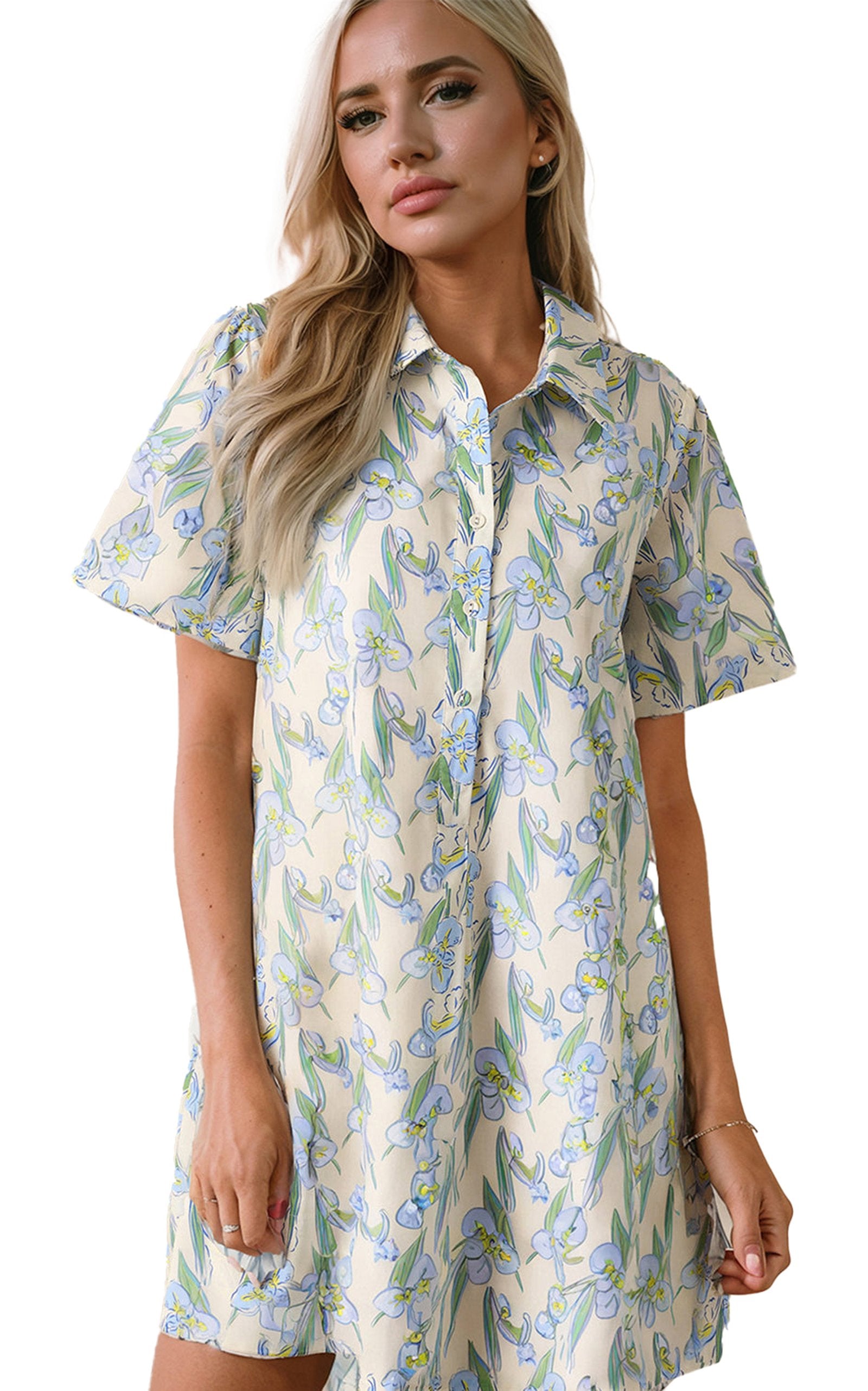 LuckeLadybug green floral shift dress with a loose fit and short sleeves, featuring a vibrant floral print