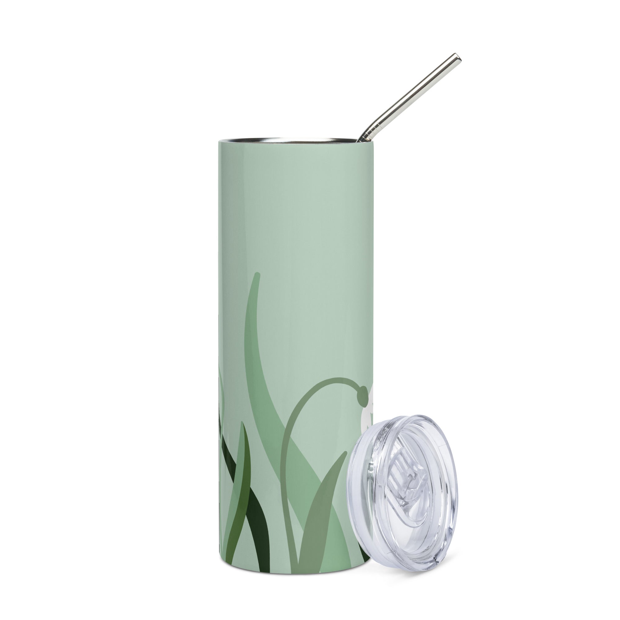 Green floral stainless steel tumbler with clear lid and metal straw from LuckeLadybug