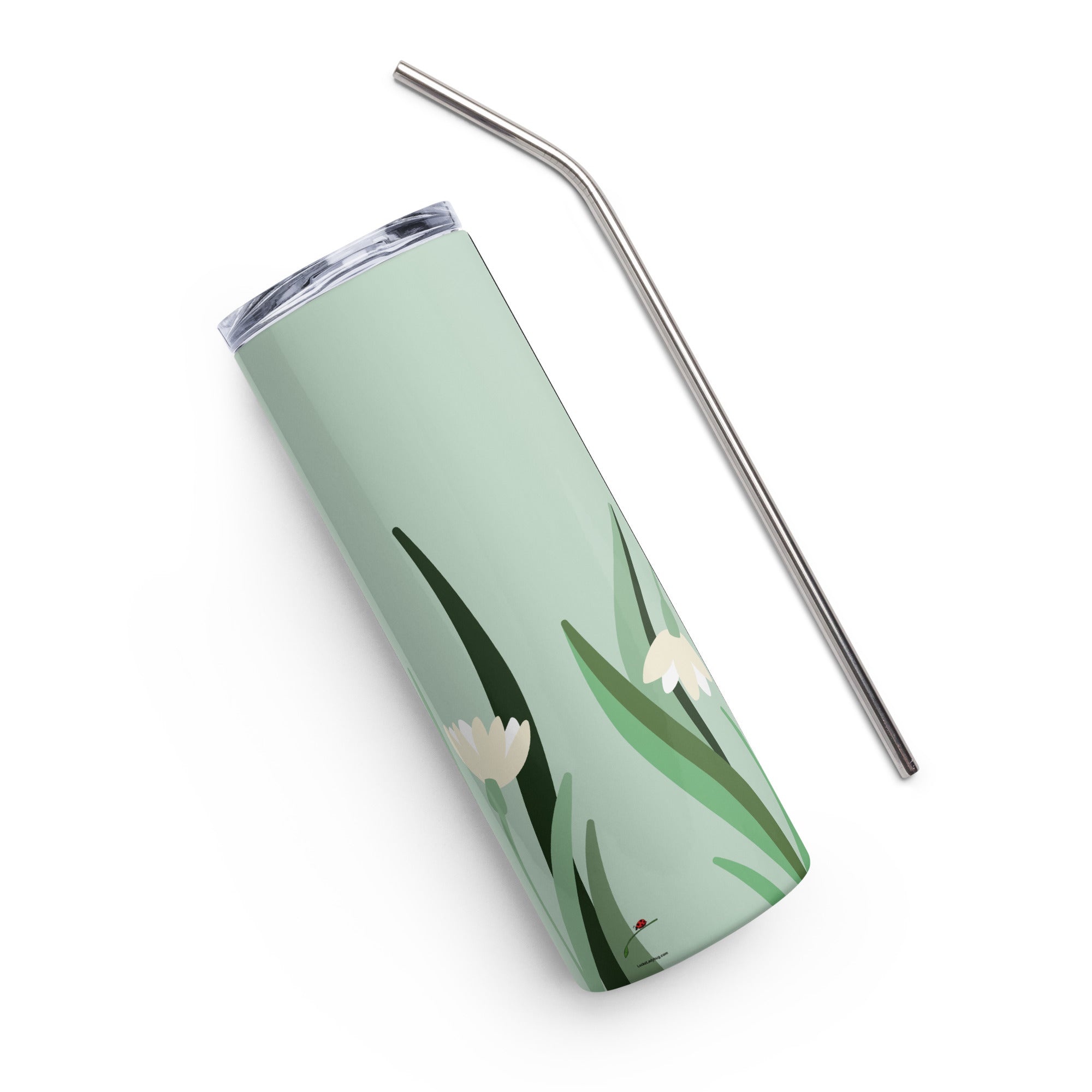 Green floral stainless steel tumbler with white flowers and a metal straw by LuckeLadybug