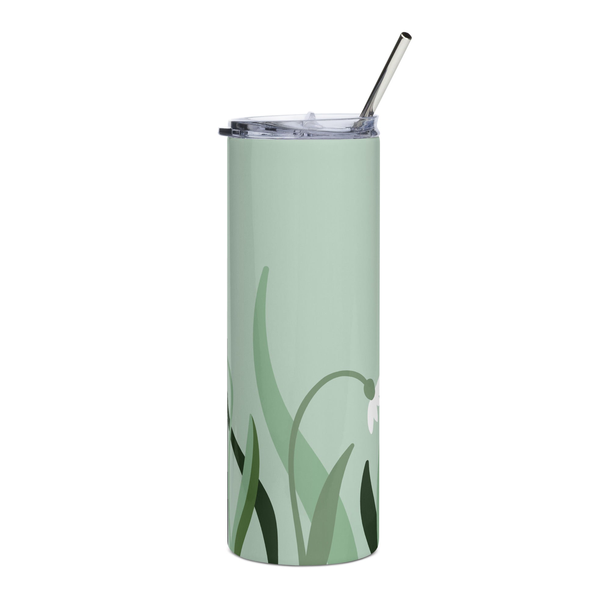 Green floral stainless steel tumbler with clear lid and metal straw by LuckeLadybug