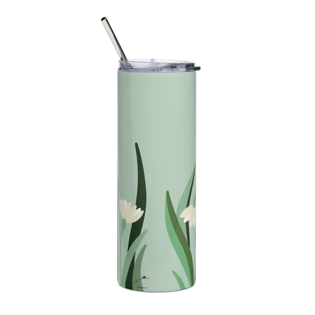 LuckeLadybug green floral stainless steel tumbler with clear lid and metal straw