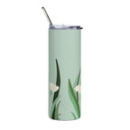 LuckeLadybug green floral stainless steel tumbler with clear lid and metal straw