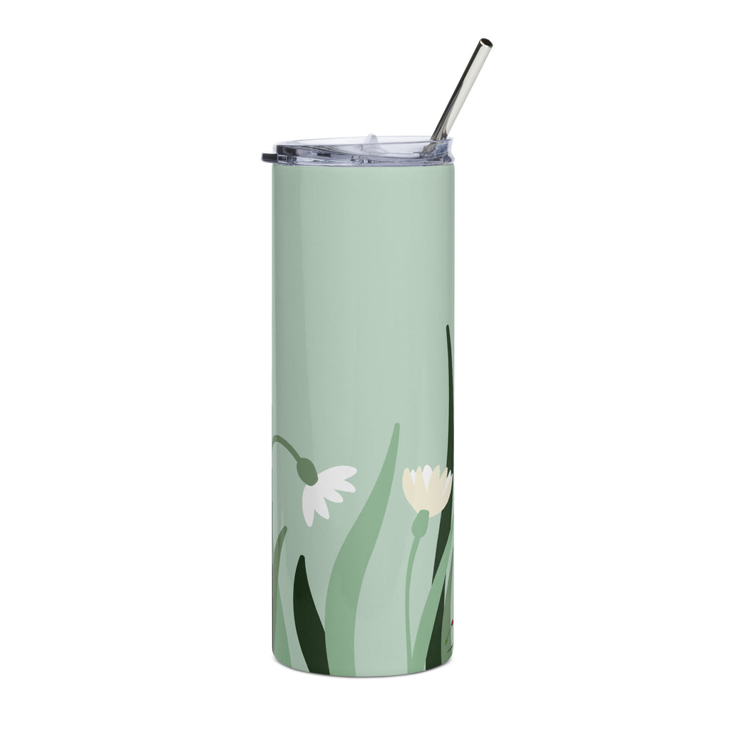 LuckeLadybg green floral stainless steel tumbler with clear lid and metal straw