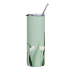 LuckeLadybg green floral stainless steel tumbler with clear lid and metal straw