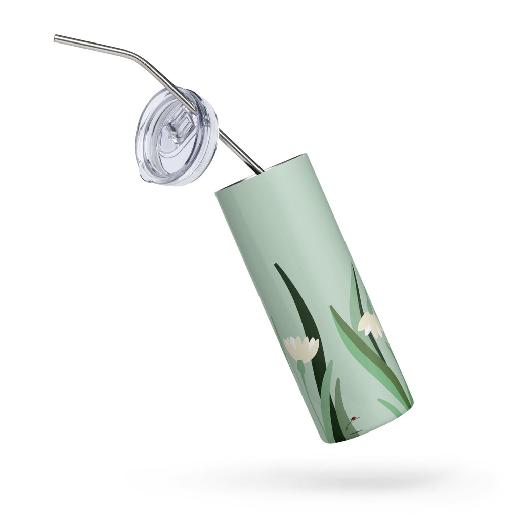 Green floral stainless steel tumbler with metal straw and clear lid on white background