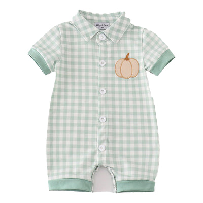 Adorable Green Gingham Pumpkin Embroidery Boy Romper For Your Little Pumpkin! | Cute Baby & Toddler Fashion - LuckeLadybug LLC