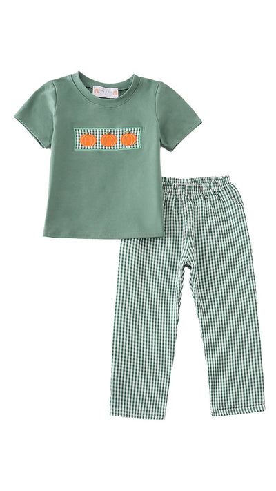 Adorable Green Gingham Pumpkin Embroidery Boy Set For Your Little Trendsetter! - LuckeLadybug LLC