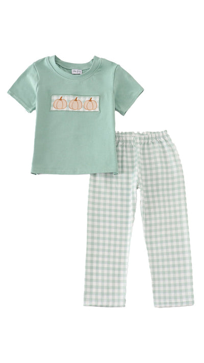 Adorable Green Gingham Pumpkin Embroidery Boy Set For Stylish Babies And Toddlers! - LuckeLadybug LLC