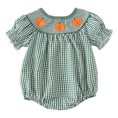 Adorable Green Gingham Pumpkin Embroidery Bubble For Stylish Babies And Toddlers! - LuckeLadybug LLC